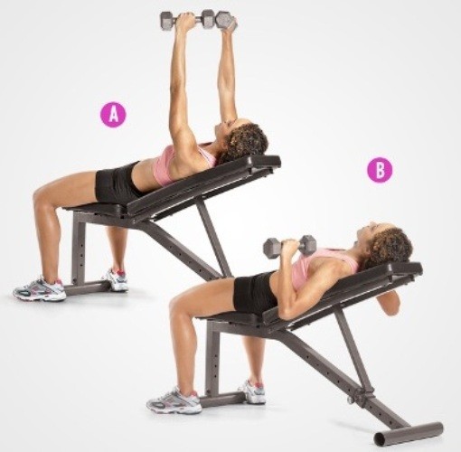 Жим гантелей лежа на скамье с наклоном Жим гантелей лежа на скамье с наклоном