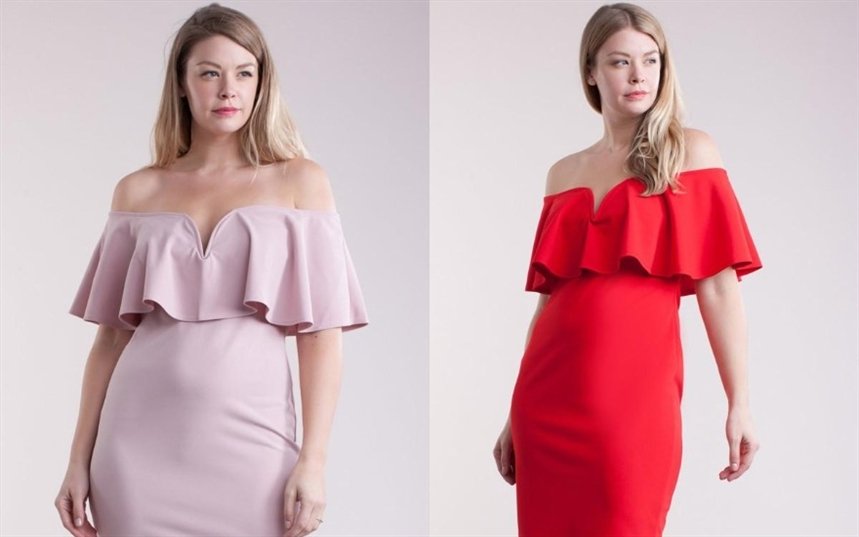 Платье с открытыми плечами и воланами