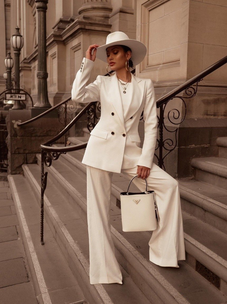 Женщина в модном брючном костюме 