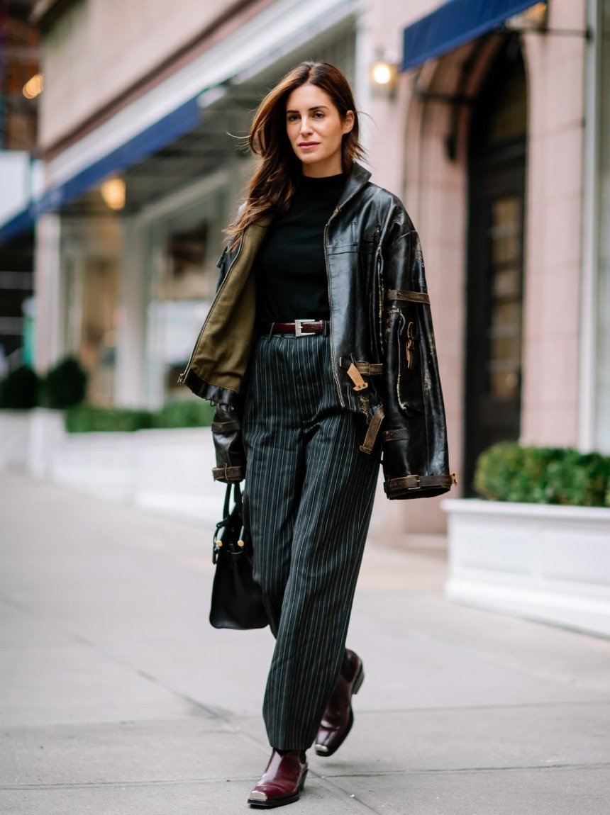 Модный женский образ с кожаной курткой 