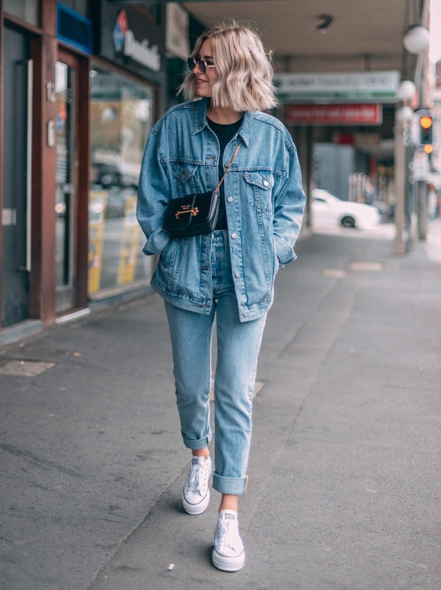 Женщина в образе с джинсовой курткой 