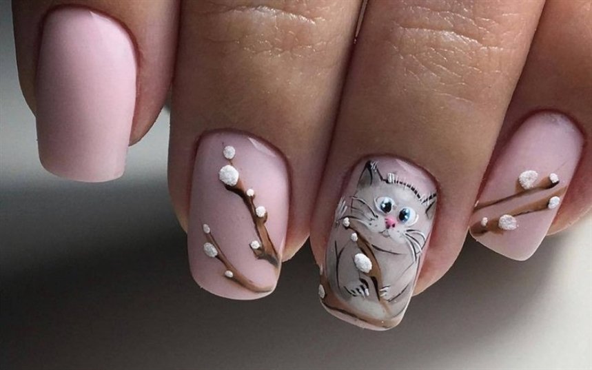 Пасхальный маникюр с вербой и котом