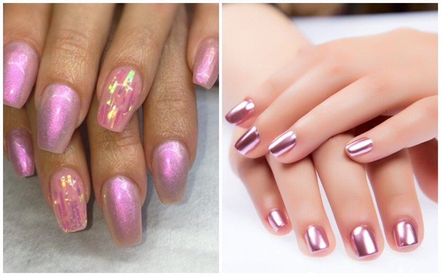 Блестящий розовый маникюр