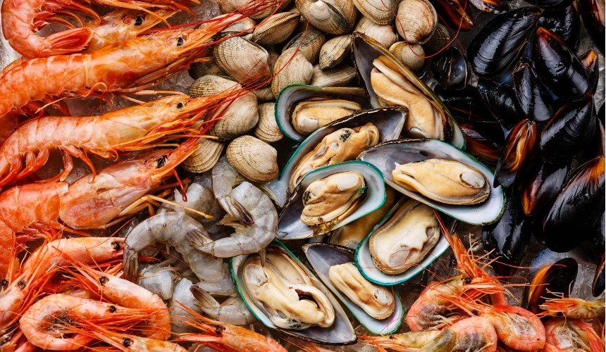 Креветки, мидии, устрицы